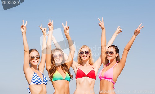 Image of group of smiling young women on beach