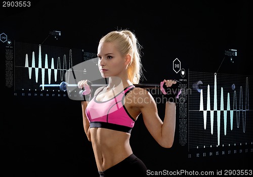 Image of sporty woman exercising with barbell