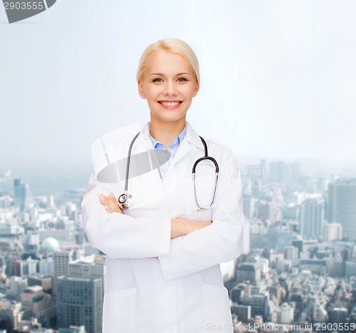 Image of serious female doctor with stethoscope