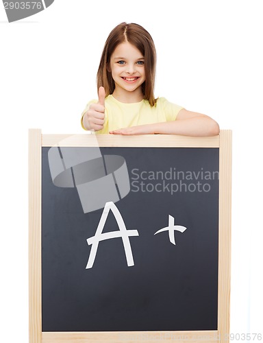 Image of smiling girl with blackboard showing thumbs up