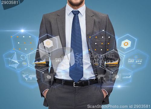 Image of close up of businessman over blue background