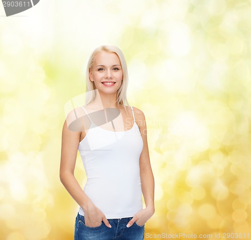 Image of smiling woman in blank white t-shirt