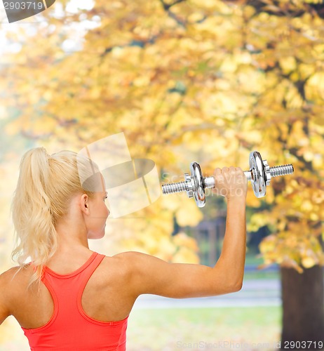 Image of sporty woman with heavy steel dumbbell from back