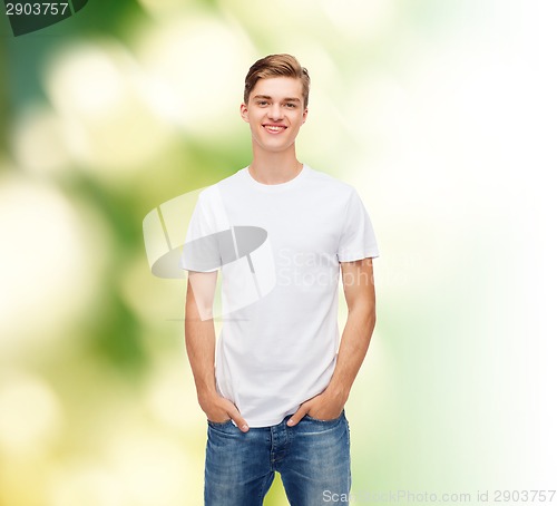 Image of smiling young man in blank white t-shirt
