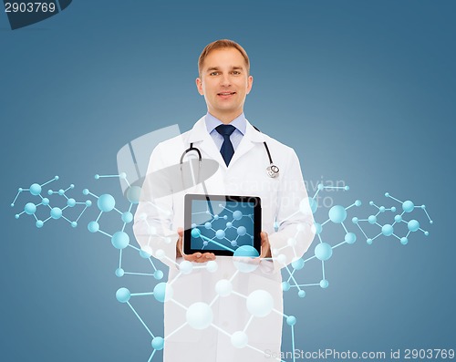 Image of smiling male doctor with tablet pc and stethoscope