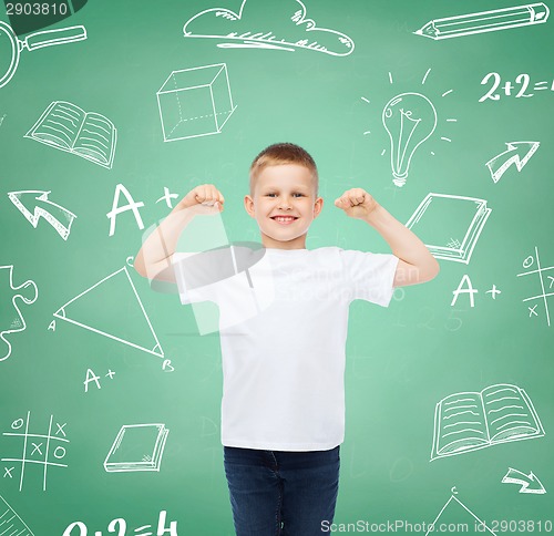 Image of little boy in white t-shirt with raised hands