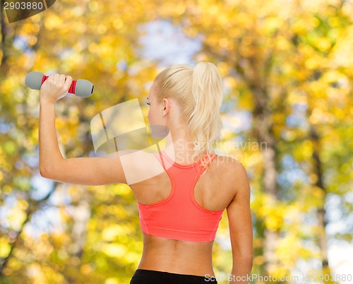 Image of young sporty woman with light dumbbell