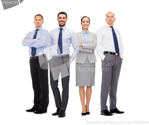 Image of group of smiling businessmen over white background