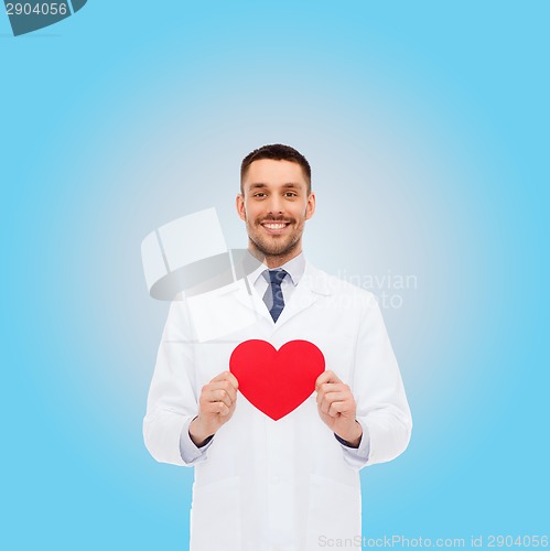 Image of smiling male doctor with red heart