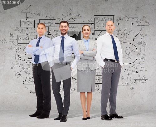 Image of group of smiling businessmen over white background