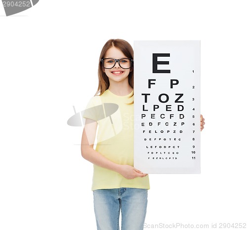 Image of little girl in eyeglasses with eye checking chart