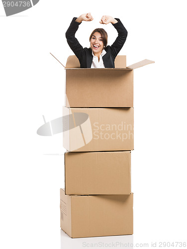 Image of Business woman appear inside card boxes