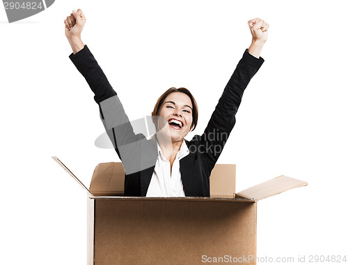 Image of Business woman appear inside a big card box