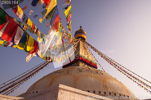 Image of Prayer flags and Boudhanath stupa in Kathmandu