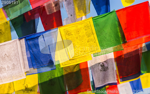 Image of Colorful buddhist Prayer flags and blue sky