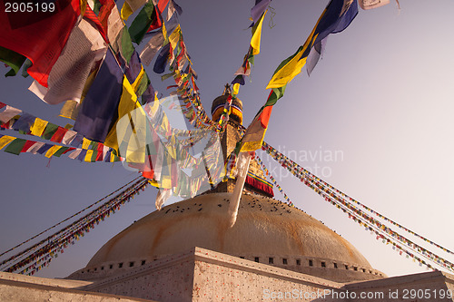 Image of Colorful Prayer flags and Boudhanath stupa in Kathmandu