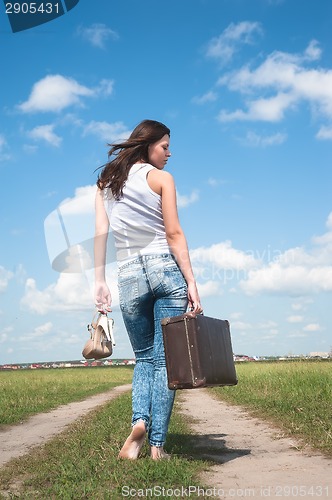Image of Pretty woman with old suitcase goes afar
