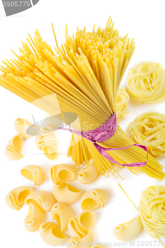 Image of Mixed uncooked raw italian pasta with spaghetti