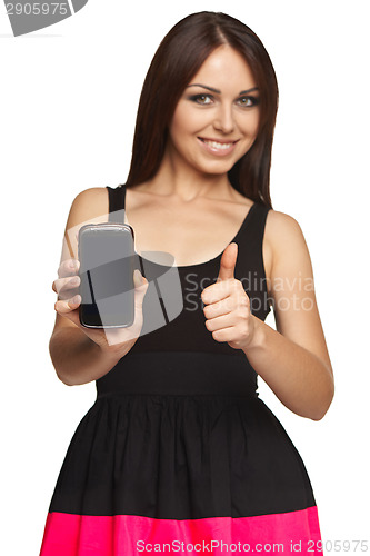 Image of Woman showing a smart phone