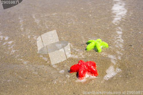 Image of Two starfish-shaped molds on the sand