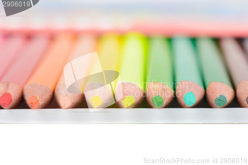 Image of Colored pencils in box, shallow depth of field