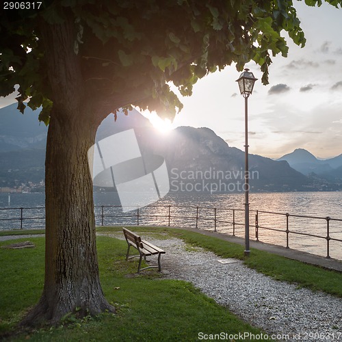 Image of View of Como lake on sunset in Bellagio, Italy