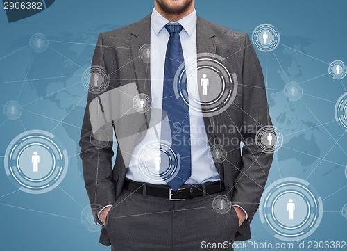 Image of close up of businessman over blue background