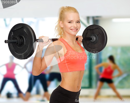 Image of smiling sporty woman exercising with barbell