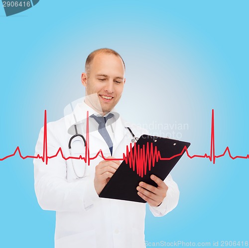 Image of smiling male doctor with clipboard and stethoscope