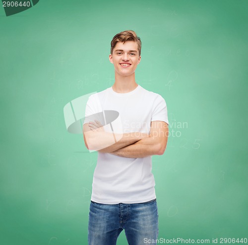 Image of smiling young man in blank white t-shirt