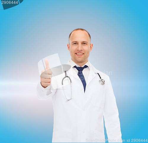 Image of smiling doctor with stethoscope showing thumbs up