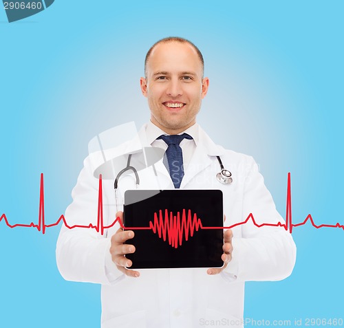 Image of smiling male doctor with stethoscope and tablet pc