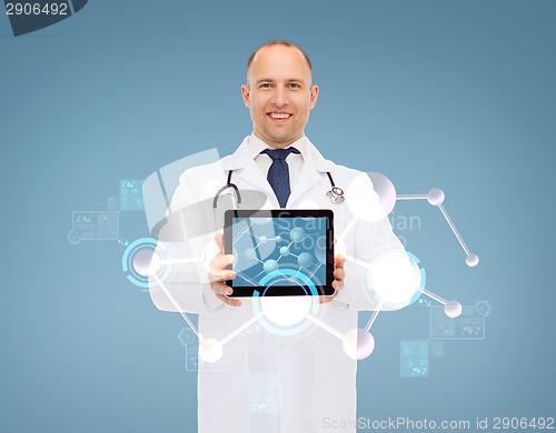 Image of smiling male doctor with stethoscope and tablet pc