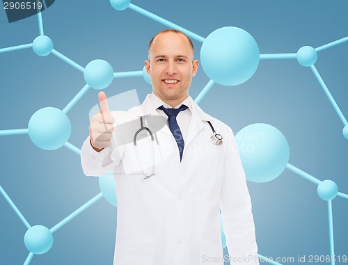 Image of smiling doctor with stethoscope showing thumbs up