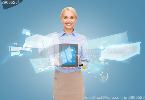 Image of businesswoman holding tablet pc with hologram