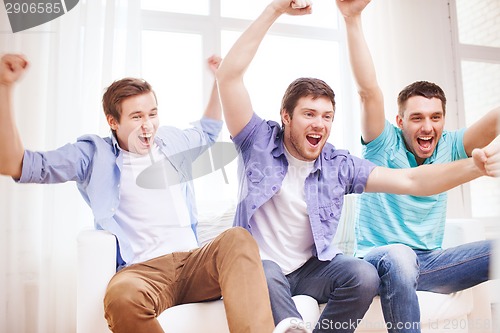 Image of happy male friends at home