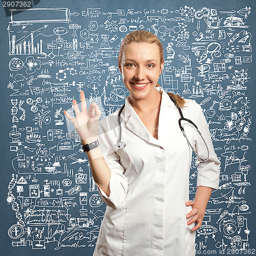 Image of young doctor woman shows ok