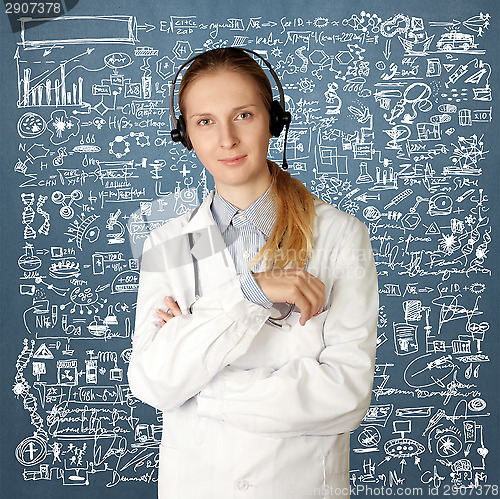 Image of doctor woman with headphones smile at camera