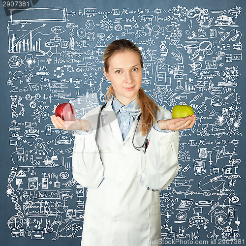 Image of female doctor with two apples