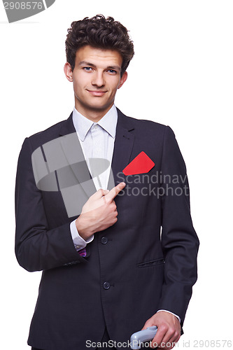 Image of Business man showing empty blank paper card