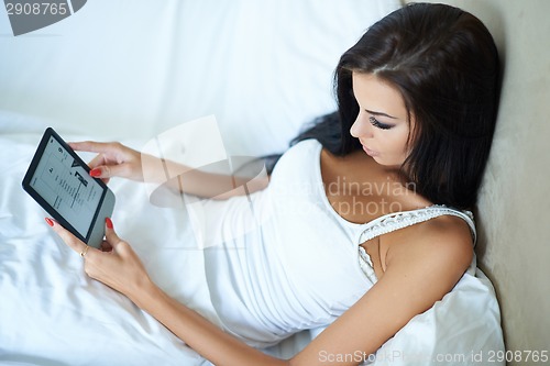 Image of Young woman lying in bed reading a tablet computer