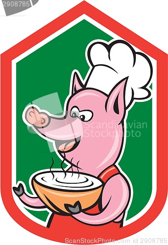 Image of Pig Chef Cook Holding Bowl Shield Cartoon