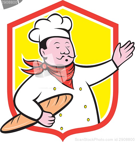 Image of Chef Cook Holding Baguette Shield Cartoon