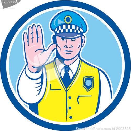 Image of Traffic Policeman Hand Stop Sign Circle Cartoon