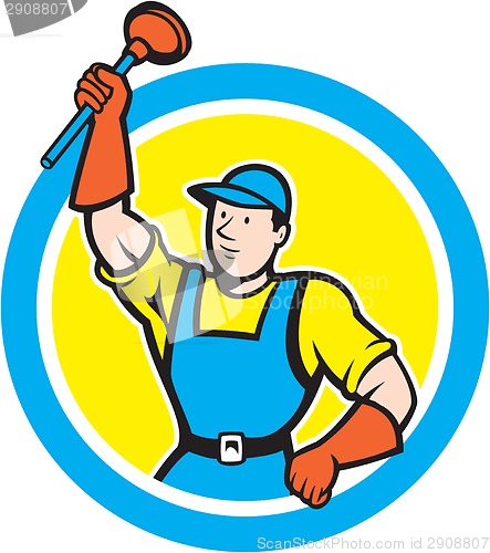 Image of Super Plumber With Plunger Circle Cartoon