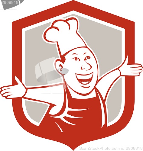 Image of Chef Cook Happy Arms Out Shield Cartoon