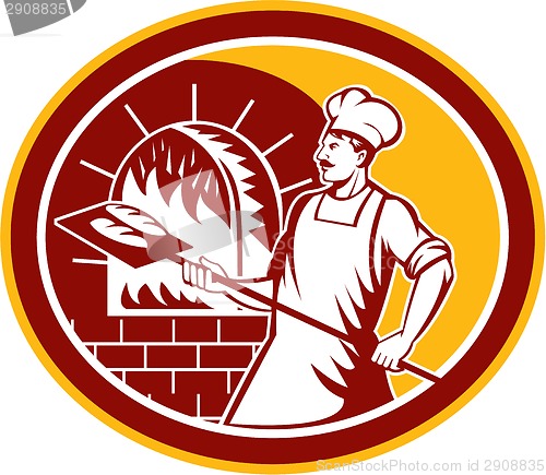 Image of Baker Holding Peel Oven Retro 