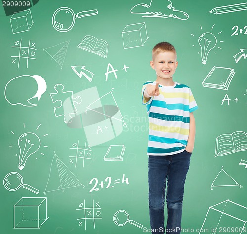 Image of Little boy in casual clothes pointing his finger