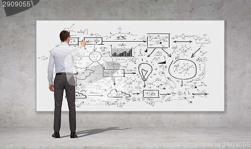 Image of businessman or teacher with marker from back