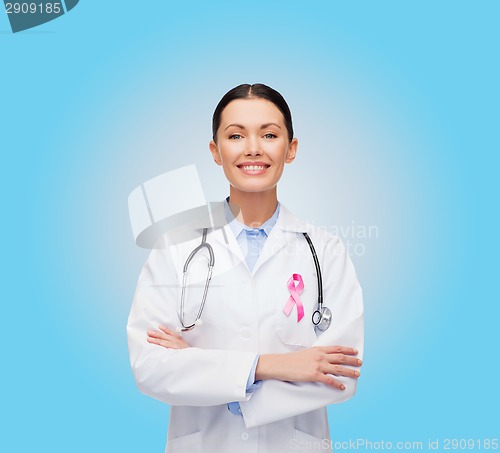 Image of doctor with stethoscope, cancer awareness ribbon